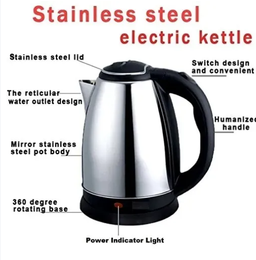Imported Electric Kettle – 2L Stainless Steel – Rapid Boil Water Boiler with Automatic Shut-Off & Safety Switch – Tea & Coffee Maker for Home & Office